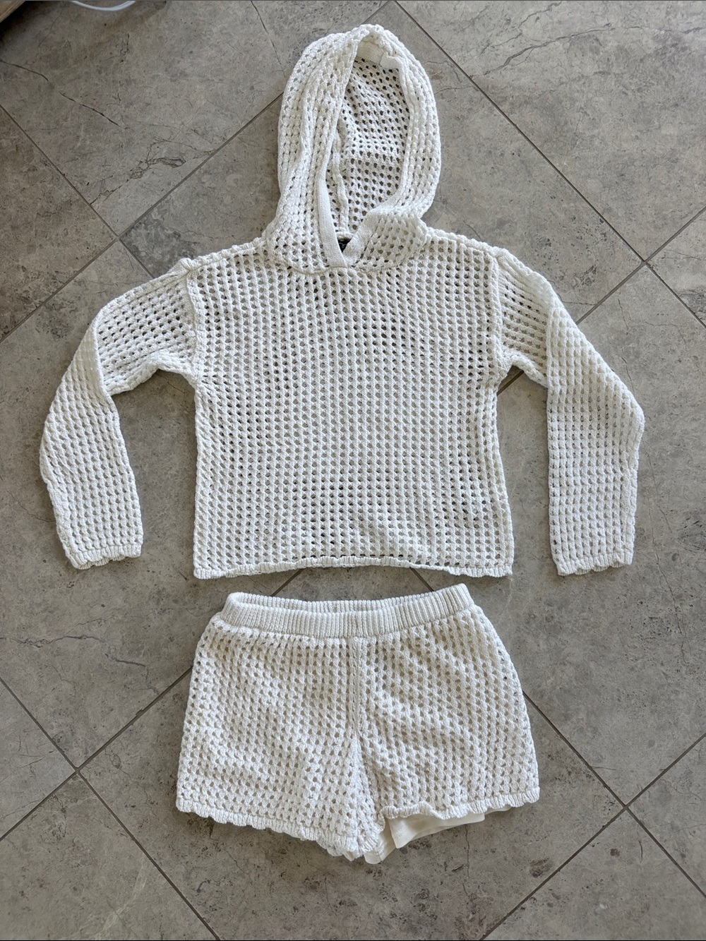White Crochet Hooded Sweater & Shorts Set